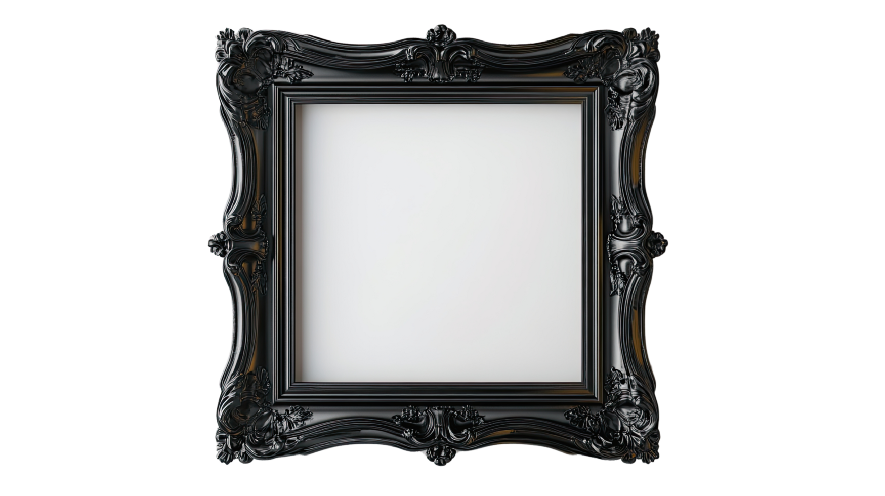 Elegant black ornate frame with empty space for artwork or photography display, perfect for stylish decor and design. png
