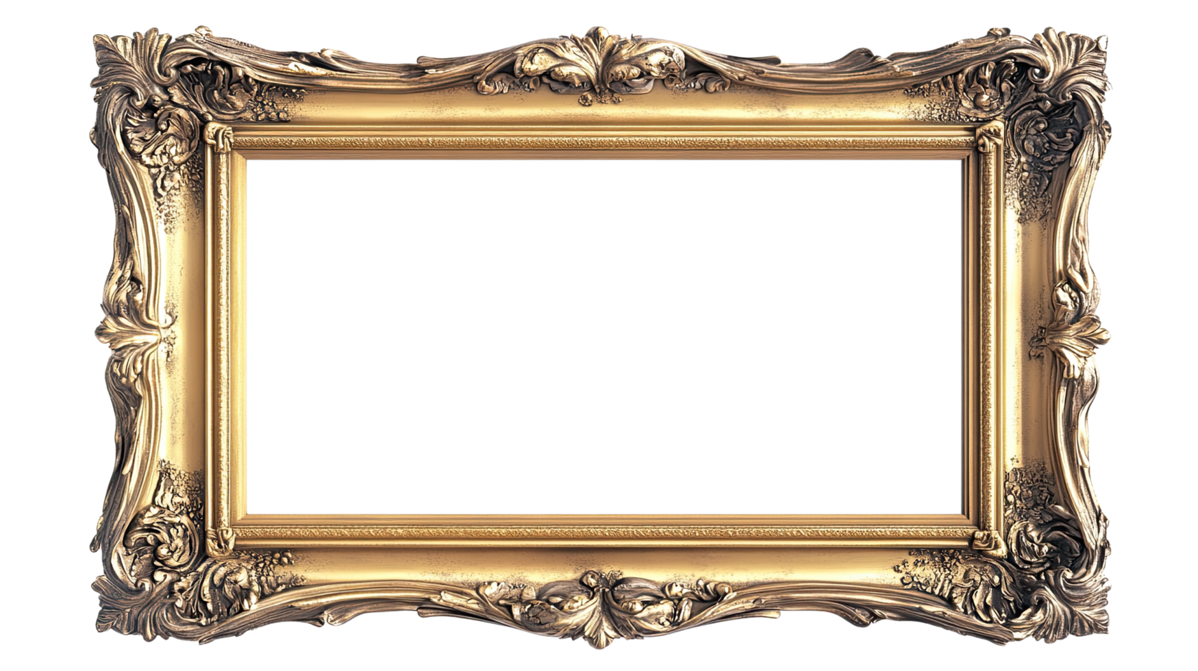 An ornate vintage gold frame with intricate details, perfect for showcasing artwork or photographs. png