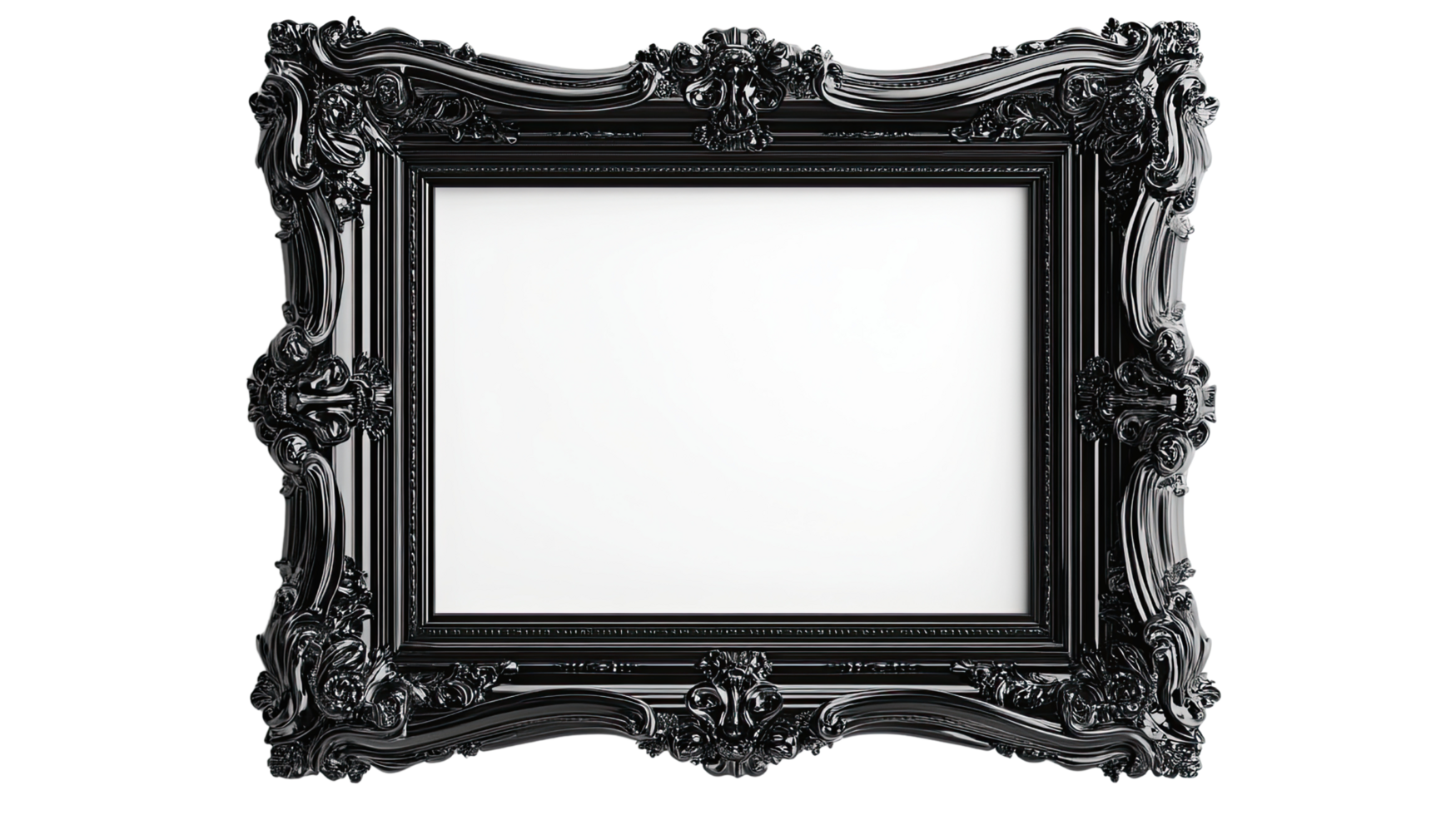 Elegant black frame with ornate design, ideal for showcasing art or photographs in a sophisticated manner. png