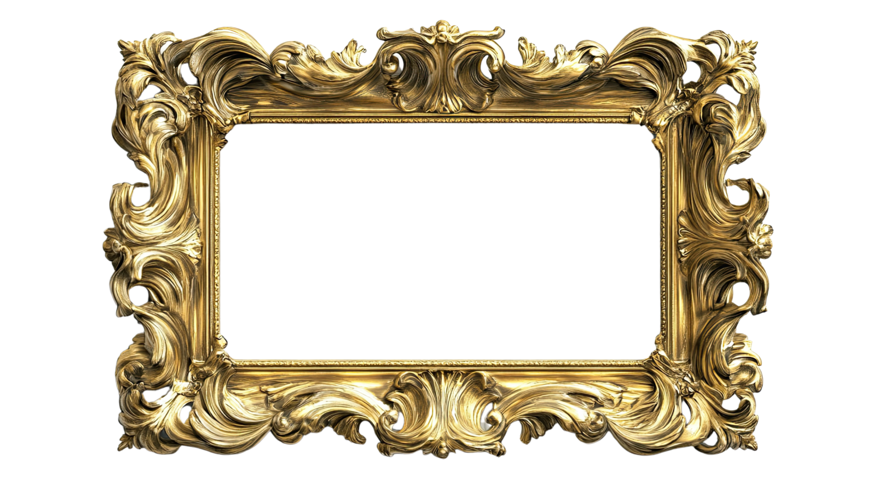 An ornate golden frame designed for displaying artwork or photographs, enhancing elegance and style. png