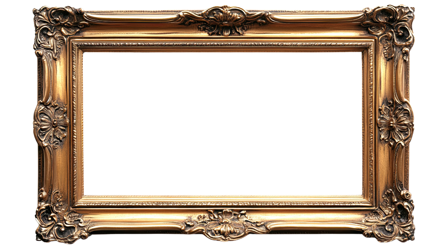 An ornate golden frame designed to showcase artwork or photographs beautifully, adding elegance to any display. png