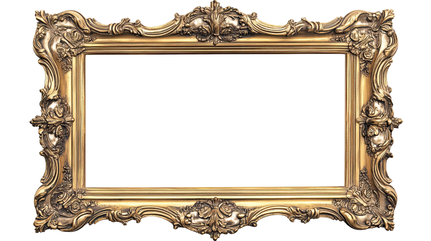 An ornate golden picture frame, perfect for displaying artwork or photographs with an elegant touch. png