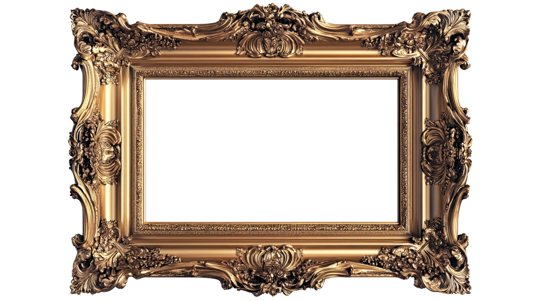 Ornate golden picture frame, ideal for displaying art or photos, adding a touch of elegance to your decor. png