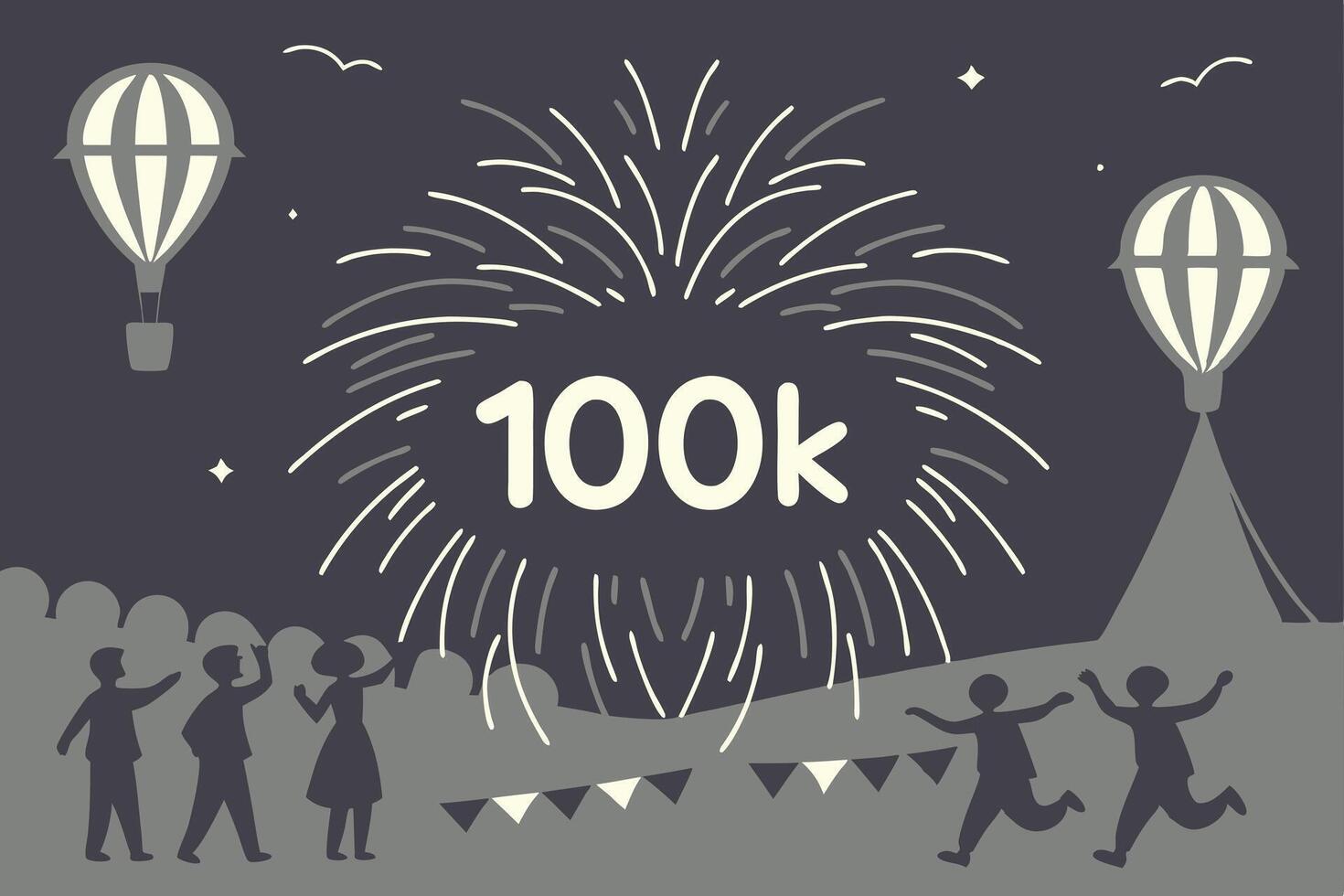 Colorful fireworks light up the night sky, marking 100K views and subscribers in a brilliant and festive display of excitement vector