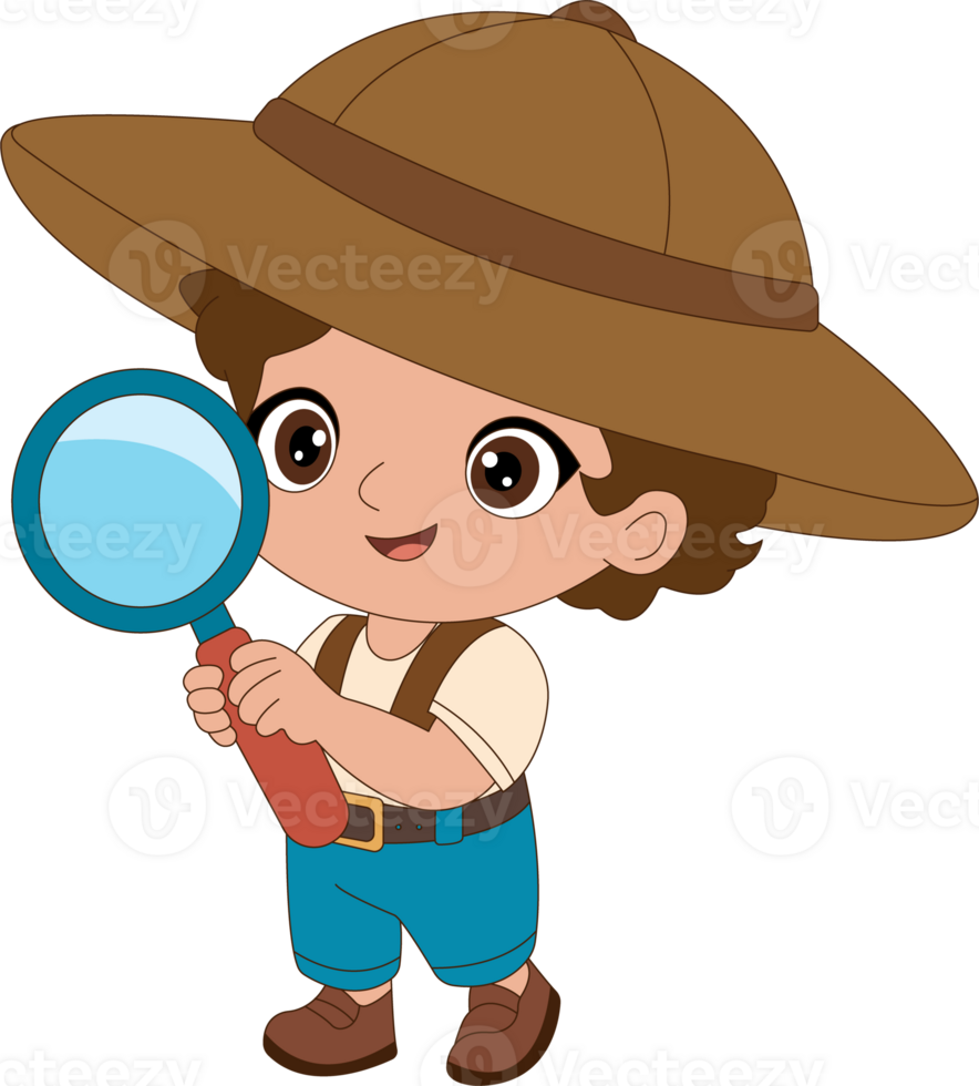 A cartoon boy holding a magnifying glass png