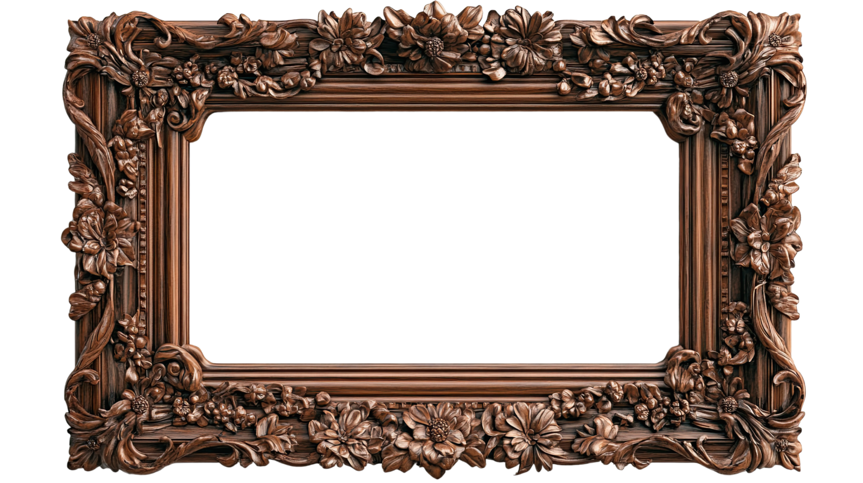 Elegant wooden picture frame with intricate floral carvings, perfect for showcasing art or photographs. png