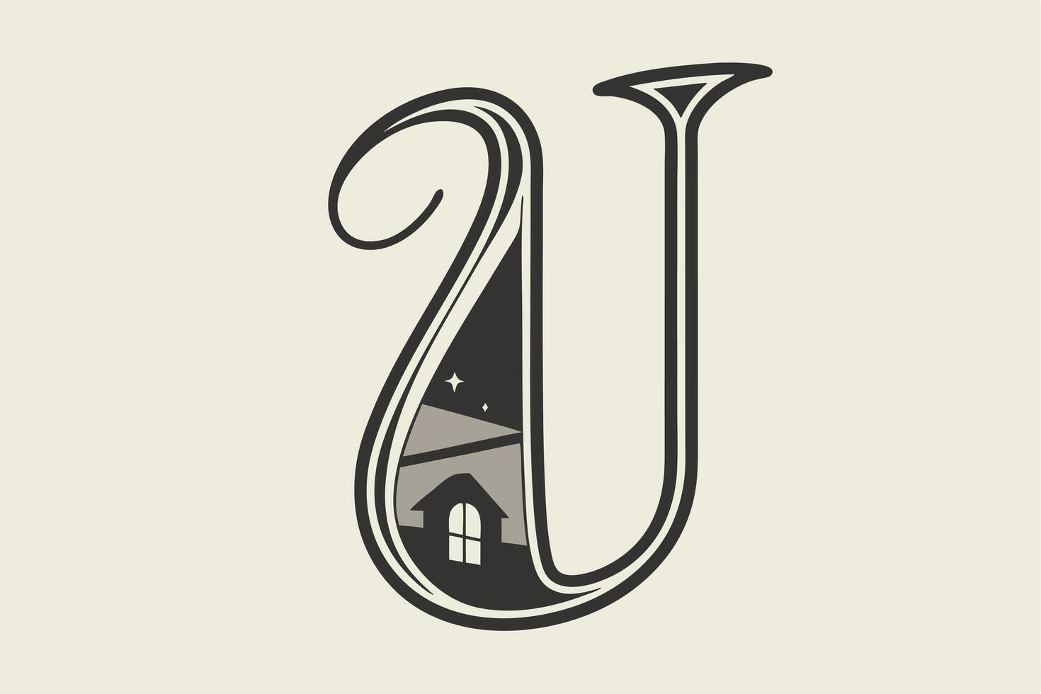 A unique artistic rendering of the letter U featuring a house within, symbolizing comfort, home, and security vector