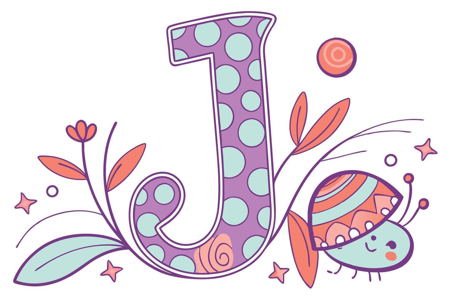 Playful letter J adorned with colorful dots, plants, and a cute insect design, bringing a whimsical touch to your creative projects vector