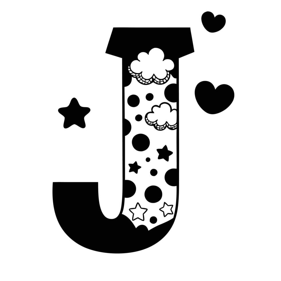 Retro inspired letter J with playful designs in teal, coral, and purple hues, decorated with dots, stars, and nature elements vector