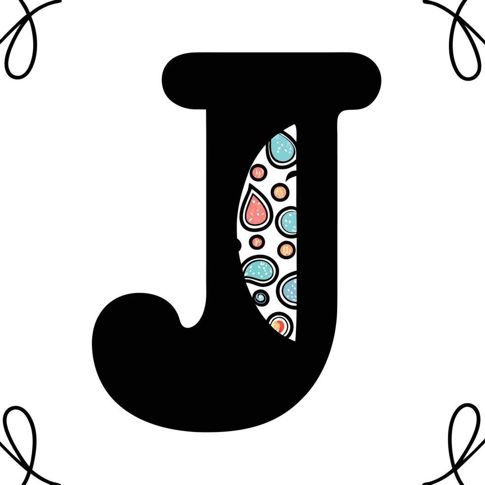 Simple yet stylish letter J with a fun, decorative pattern filled with bright dots, hearts, and stars for a joyful and playful look vector