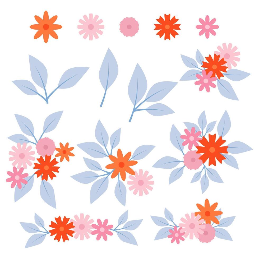 Set of simple flowers with leaves and compositions vector