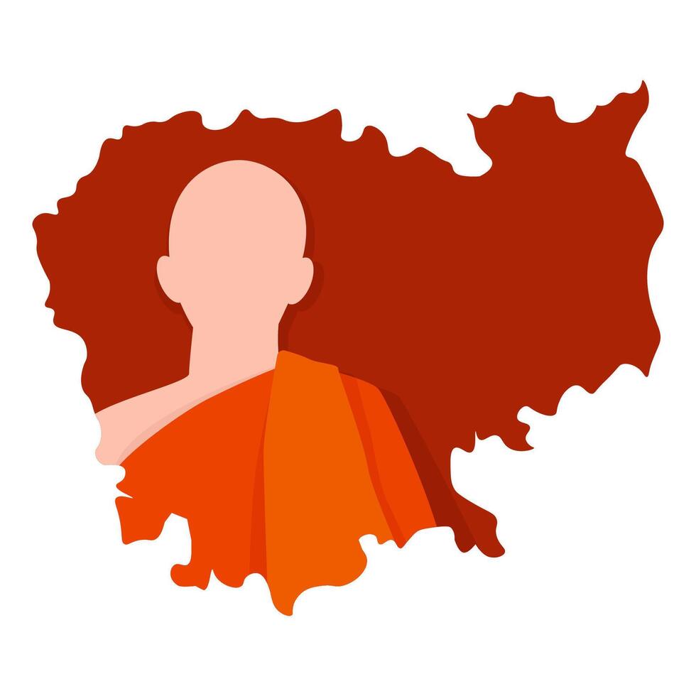 A monk in an orange robe against the backdrop of a silhouette map of Cambodia vector