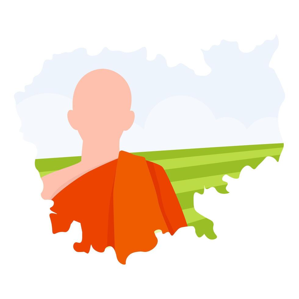 A monk in an orange robe against the background of a silhouette map of Cambodia and a landscape of fields and sky vector