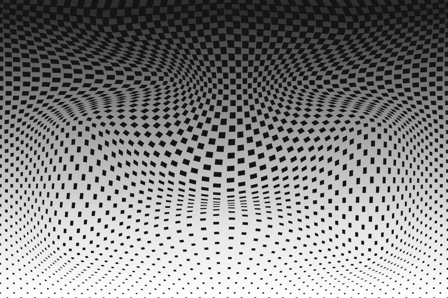 Halftone dotted digital abstract background. Optical illusion creative pattern with mosaic geometric squares. Digital technology concept. Black and white deformed print vector