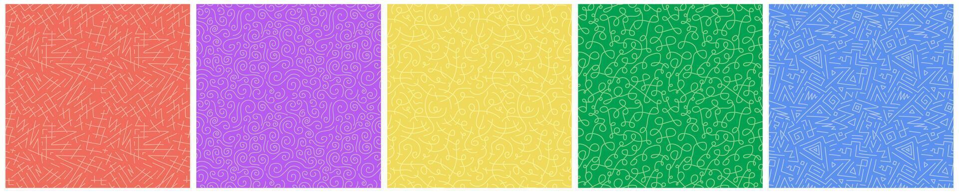 Collection of bright colorful drawing seamless patterns. trendy vibrant scribble hand drawn backgrounds. Creative fun children prints vector
