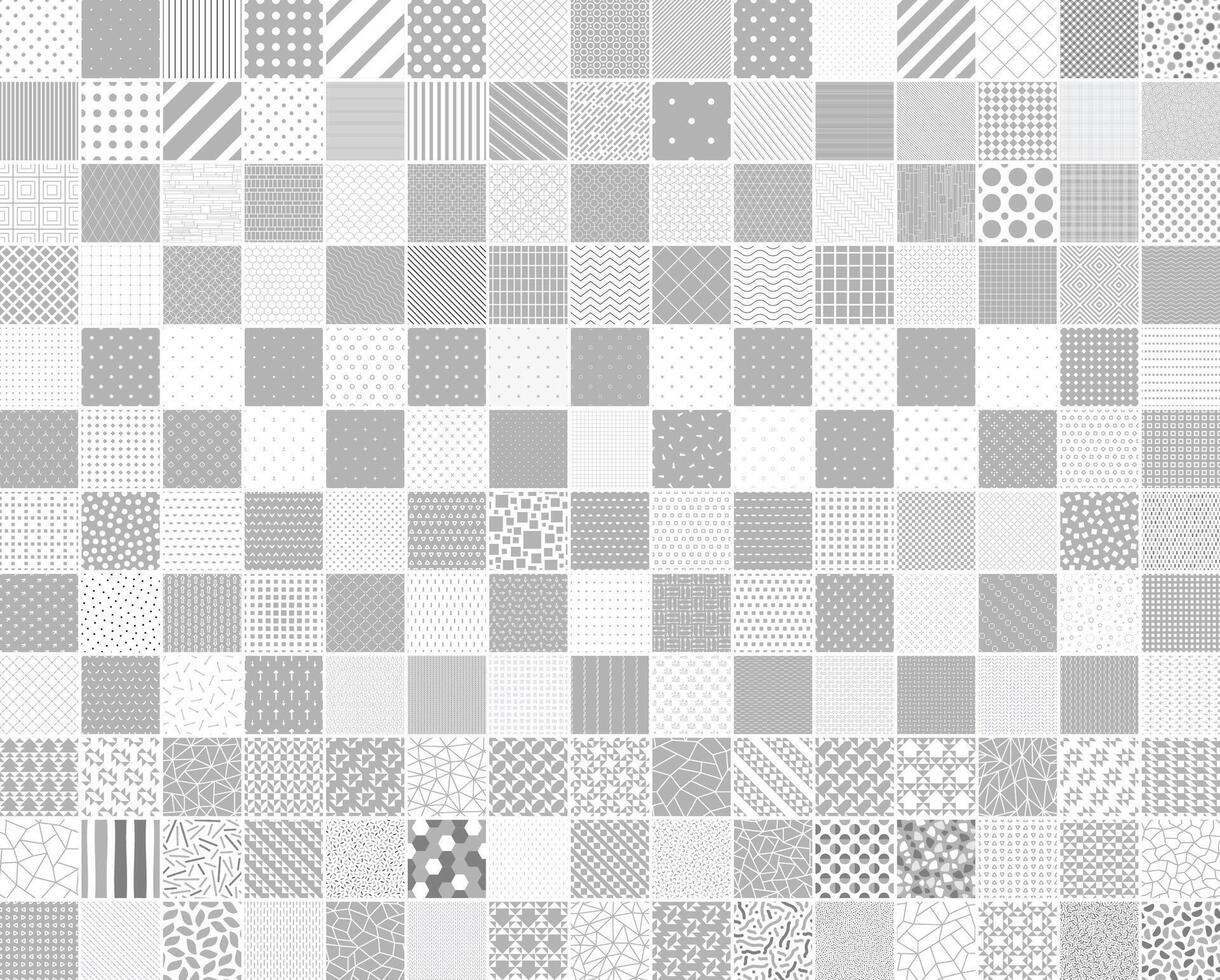 Collection of seamless geometric patterns in different styles. White and gray repeatable unusual minimalistic prints. Striped, dotted, mosaic, drawing backgrounds vector