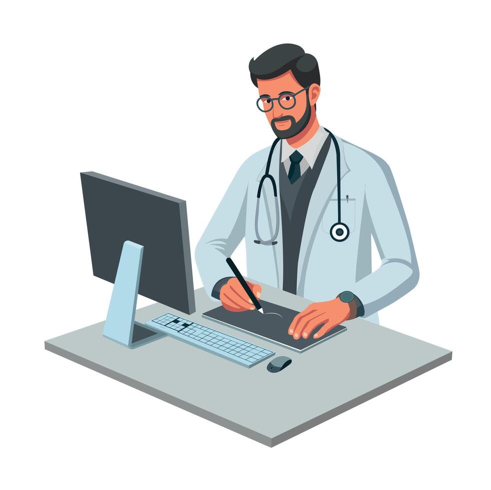 A middle-aged male doctor in a uniform and stethoscope stands in a clinic office, consulting a patient. As a cardiology or gynecology specialist, he offers expert diagnosis treatment and prescribing. vector