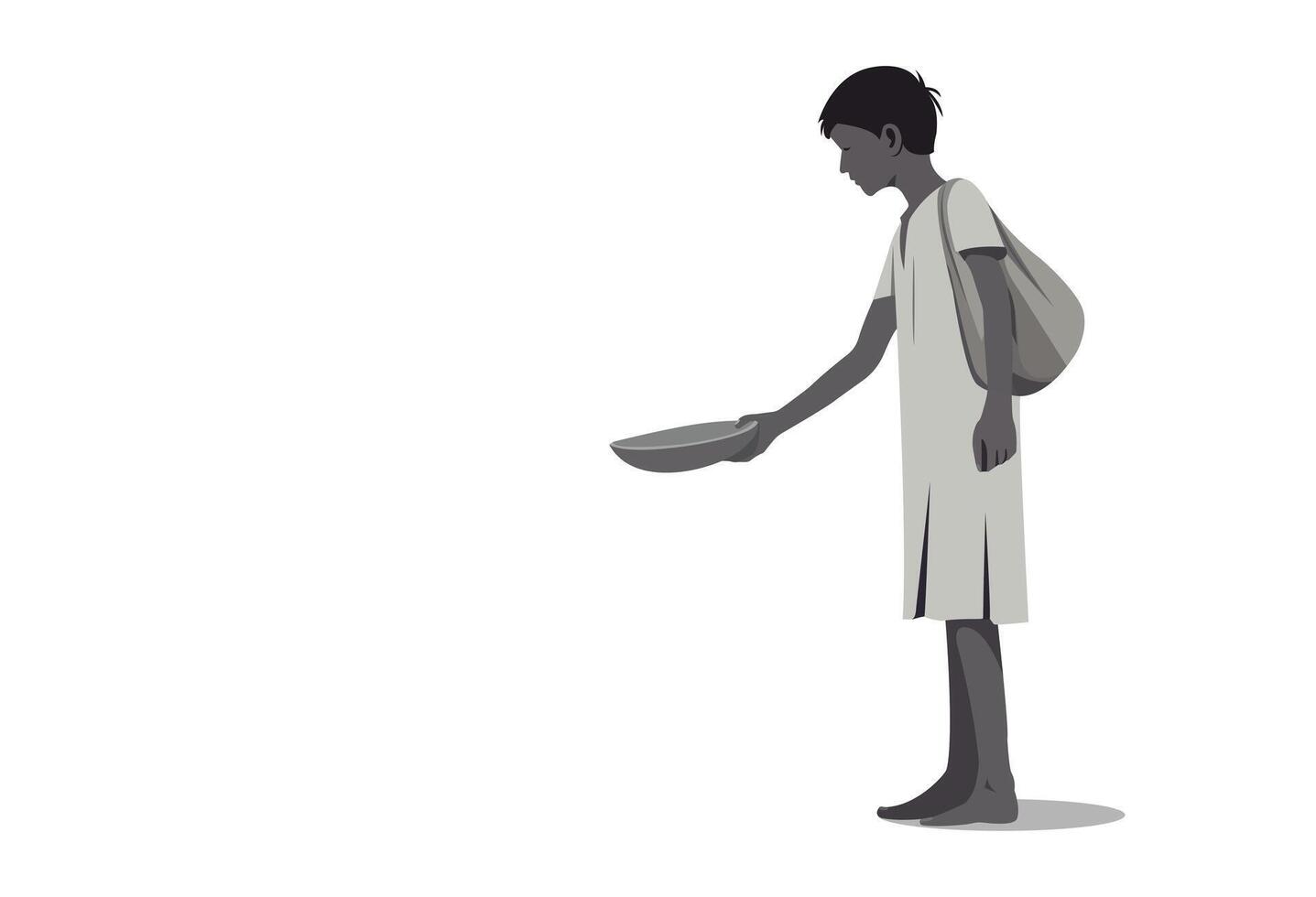 A minimalist black-and-white illustration of a ragged male beggar standing, holding a bowl, and pleading for help. The design reflects poverty, despair, and the struggle for survival. vector