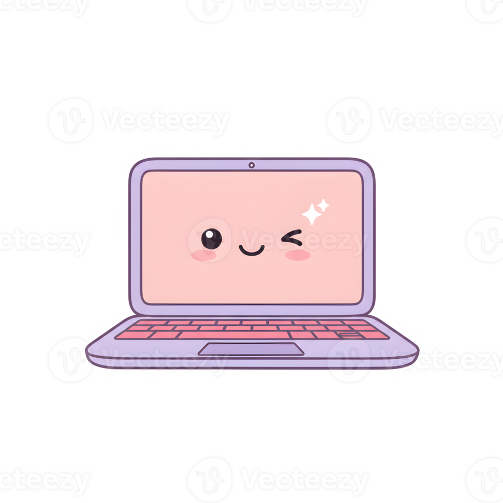 Cute Kawaii Computer with Blush and Winking Face in Soft Colors on Transparent Background png