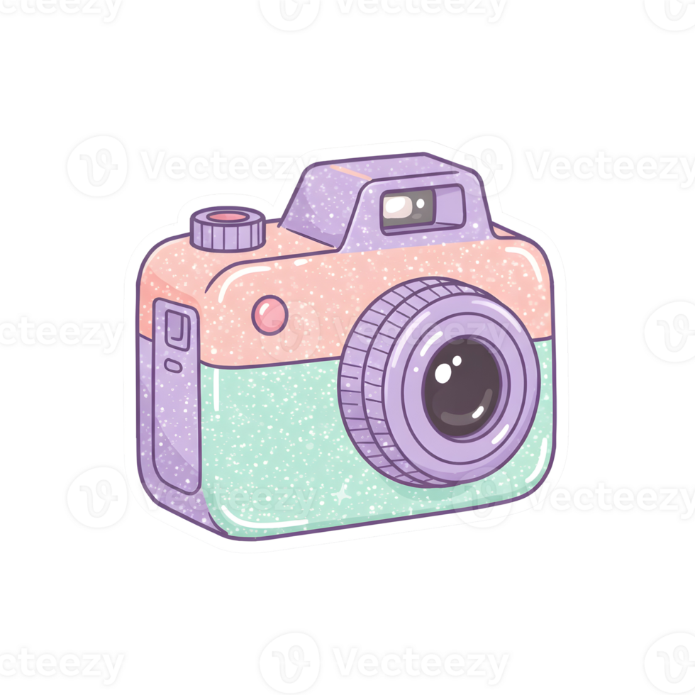Whimsical pastel vintage camera with glittery details, soft pink, mint, and purple hues, and a glossy lens, perfect for stickers and aesthetic designs, isolated on Transparent Background png