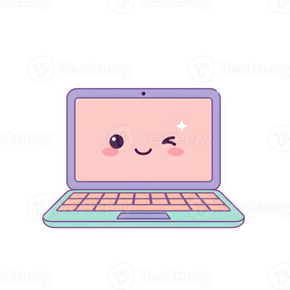 Charming Pastel Laptop with Winking Kawaii Face and Minimalist Design on Transparent Background png