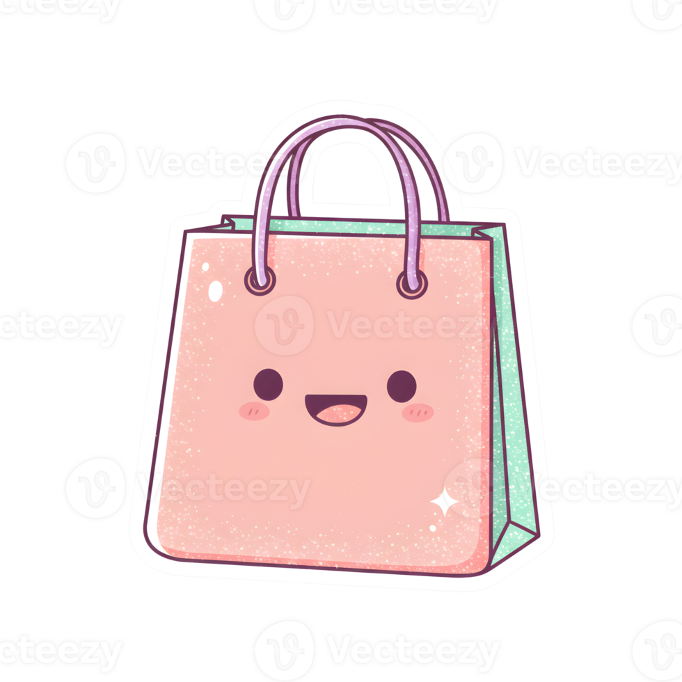 Cute Kawaii Shopping Bag with Sparkly Pastel Design and Cute Smiling Face on Transparent Background png
