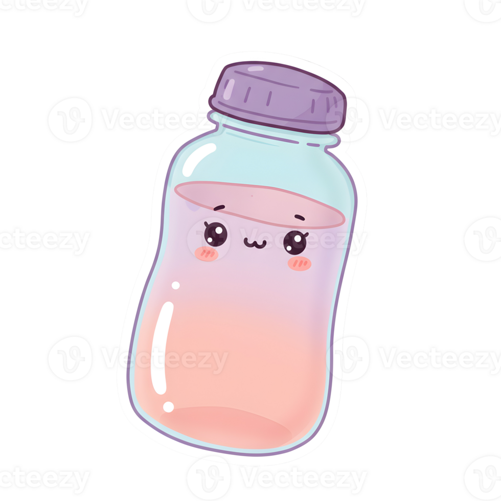 Kawaii Transparent Bottle with Cute Face and Pastel Colors on Transparent Background png