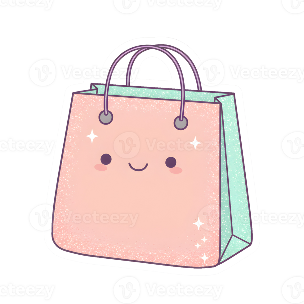 Kawaii Shopping Bag with Sparkly Pastel Design and Cute Smiling Face on Transparent Background png