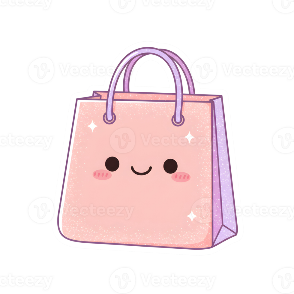 Charming Pastel Paper Bag Illustration with Sparkles and Cute Face on Transparent Background png