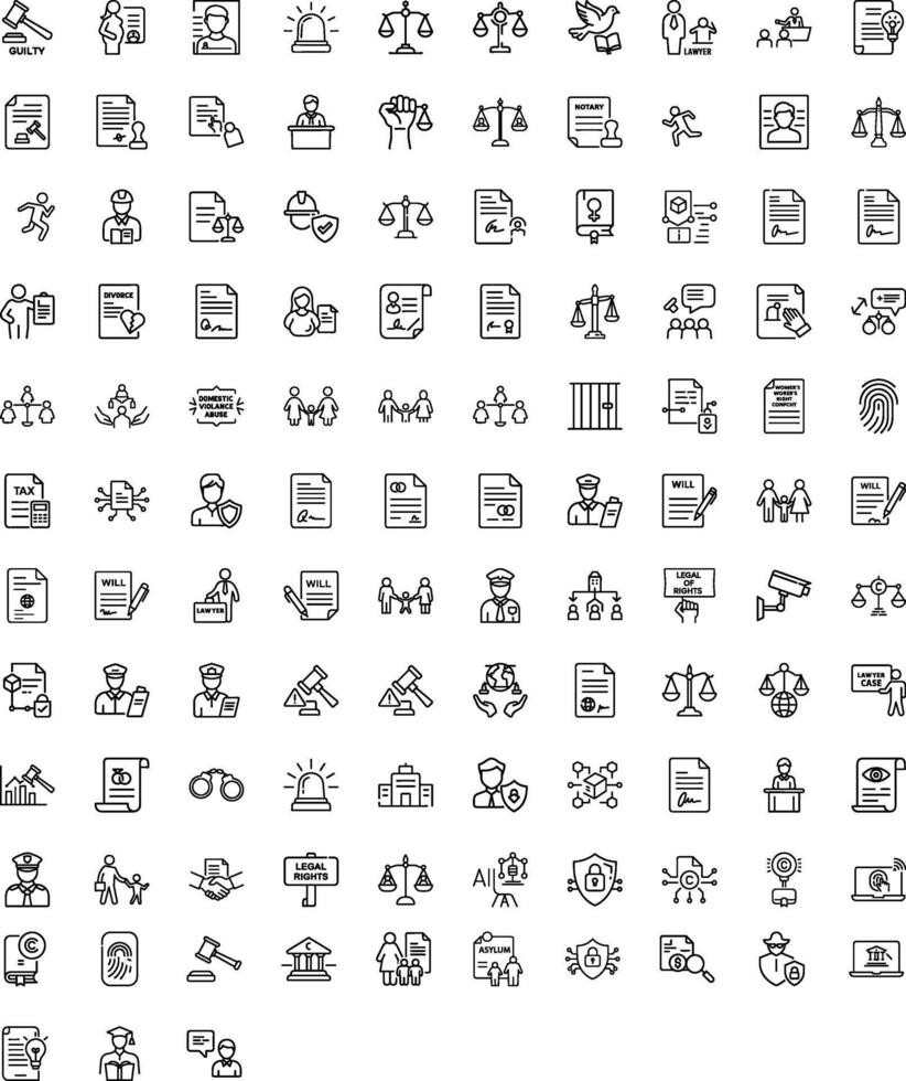 Collection of Modern Editable Thin Line Style Icons Set Justice And Law, Firm, Criminal, Court And More Illustration vector