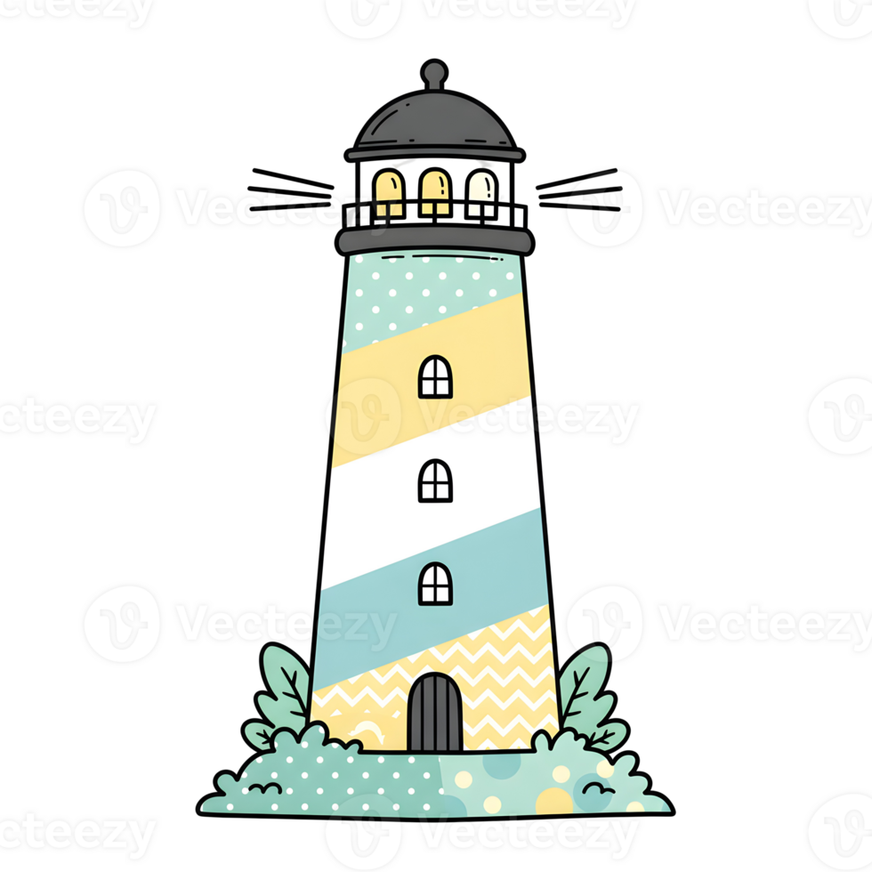 A cartoon lighthouse with a yellow and blue stripe png