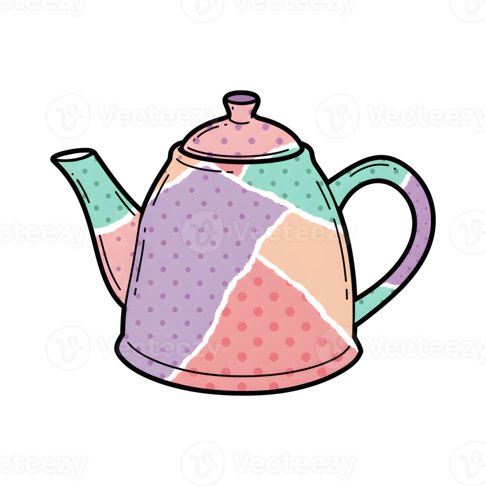 Teapot Illustration in Colorful Patchwork Style with Polka Dot and Chevron Patterns png