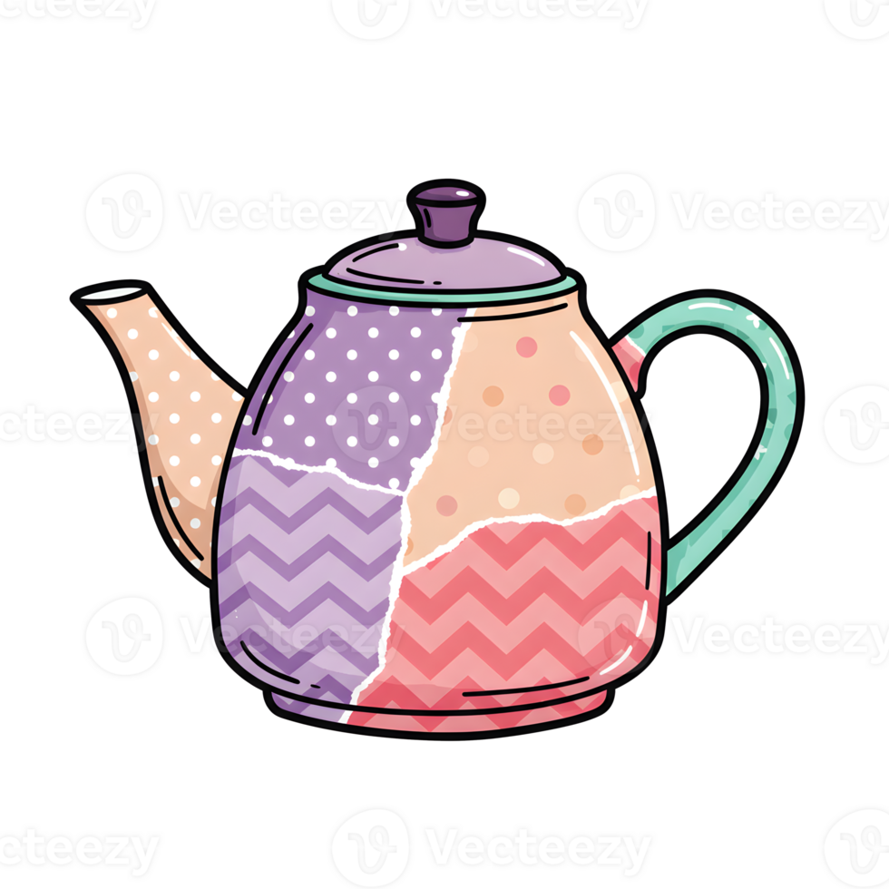 Colorful Teapot Illustration in Pastel Patchwork Style with Polka Dot and Chevron Patterns png