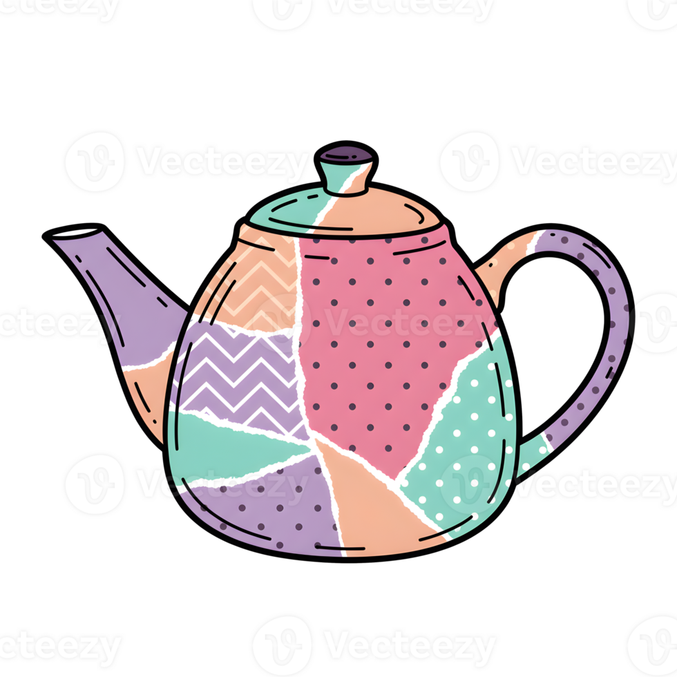 Teapot Illustration with Adorable Patchwork Design and Polka Dot and Chevron Patterns png