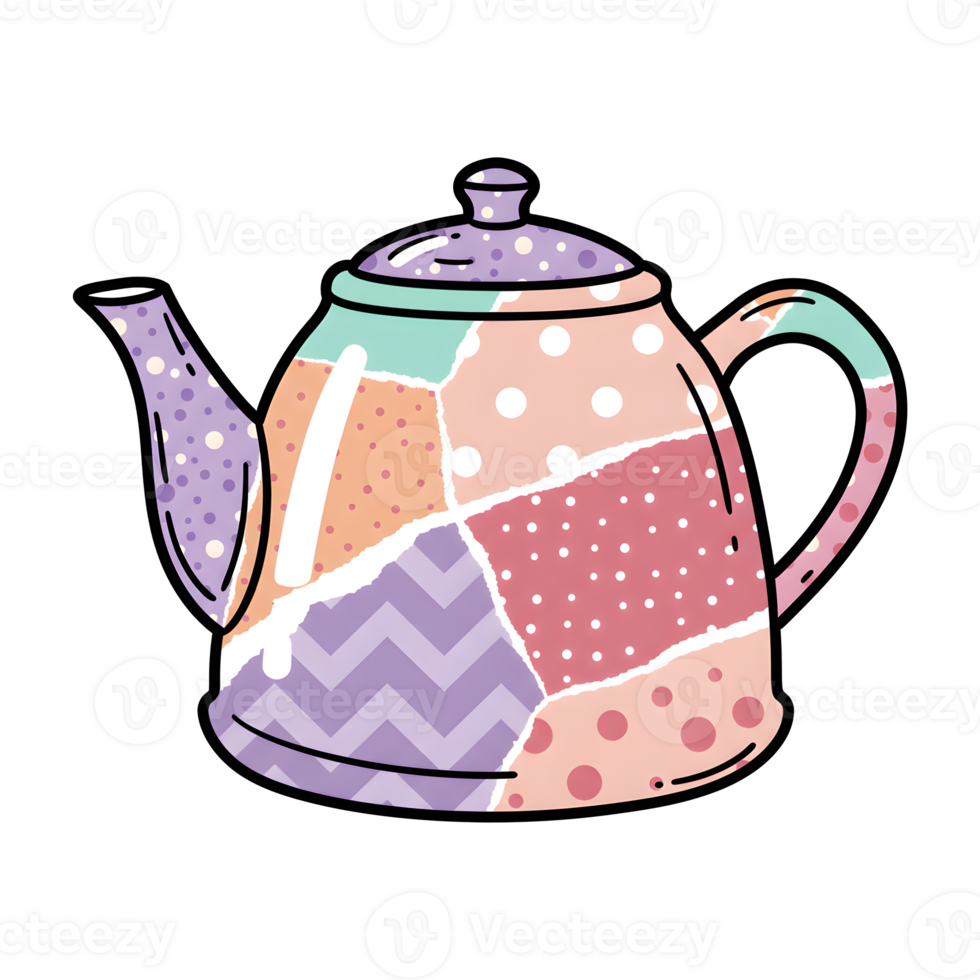 Whimsical Teapot Illustration in Pastel Patchwork Style with Polka Dot and Chevron Patterns png