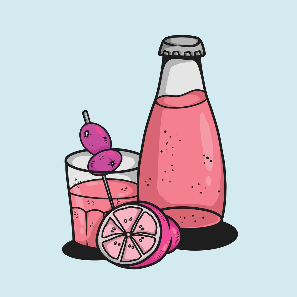 Refreshing pink drink with bottle and glass vector