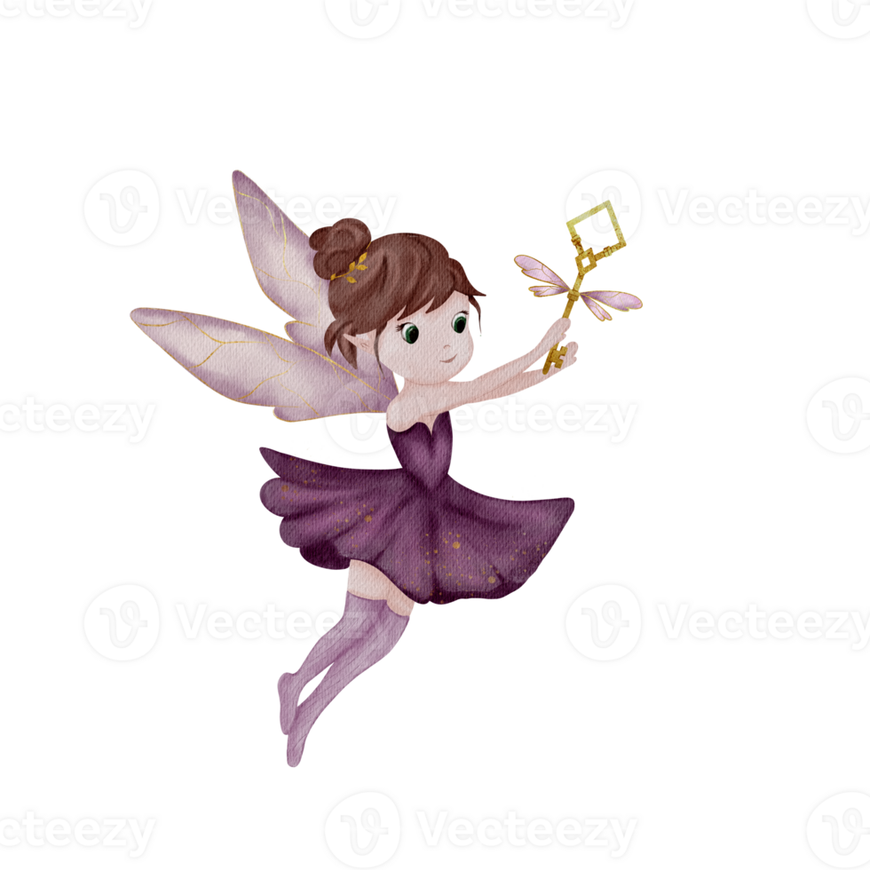 Little fairy with a key flying gracefully through the air in a whimsical illustration png