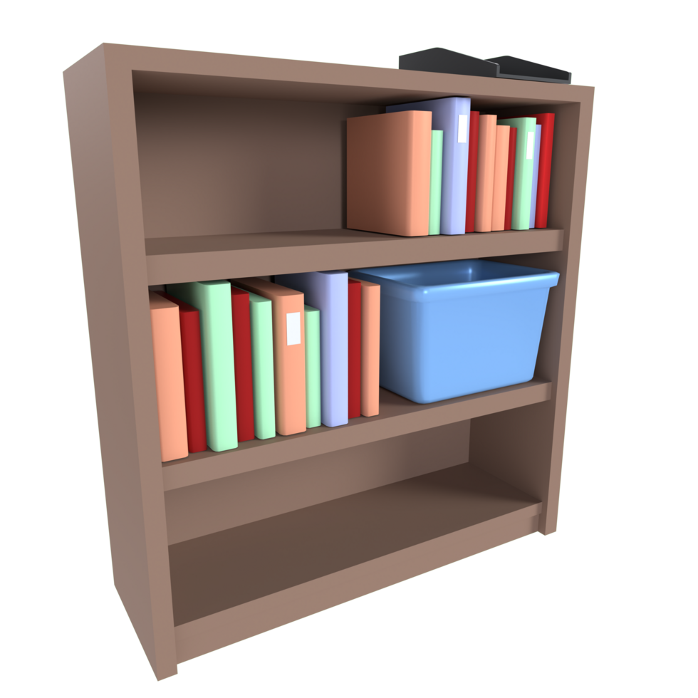 Colorful bookshelf with storage box on transparent background png