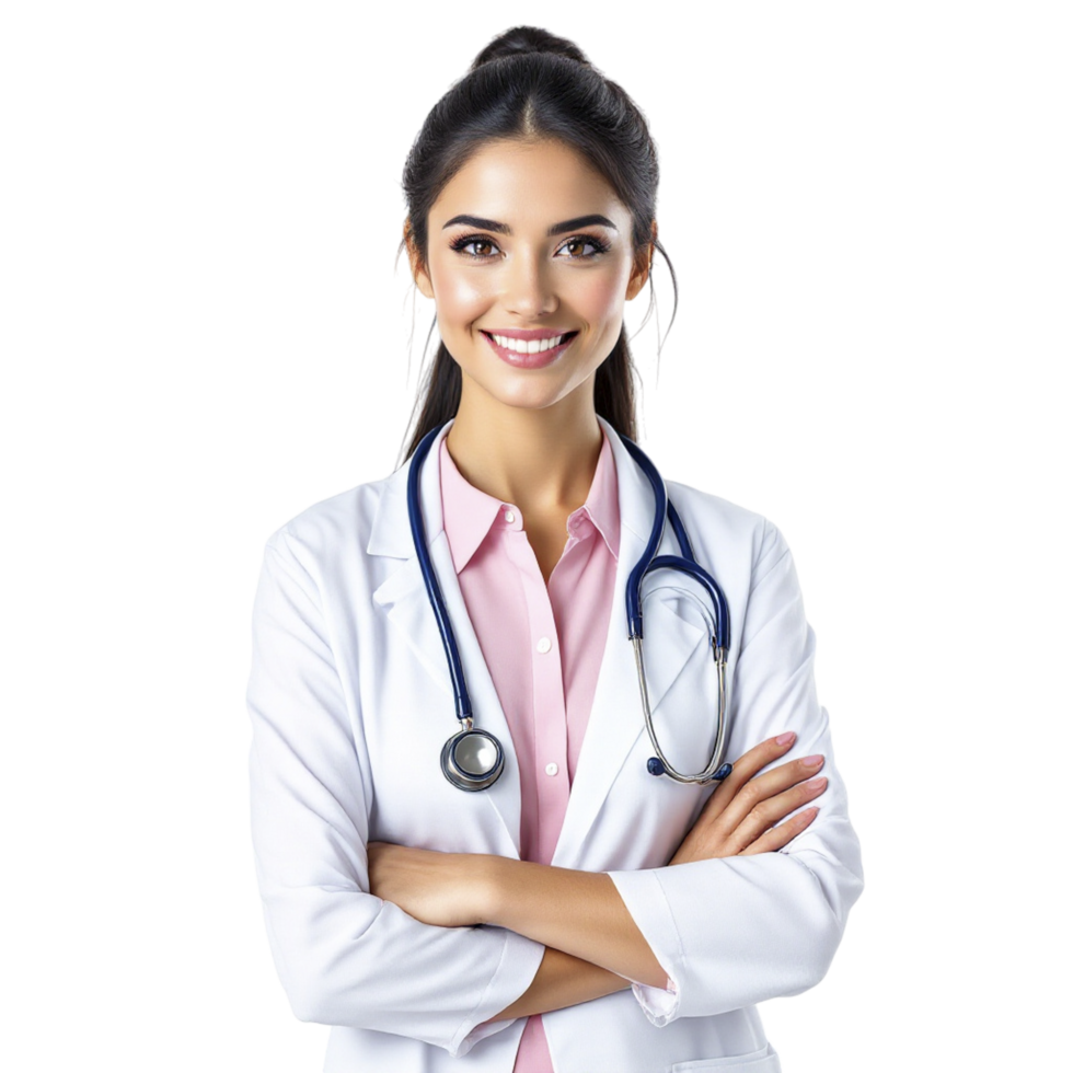 A woman in a white lab coat with her arms crossed png