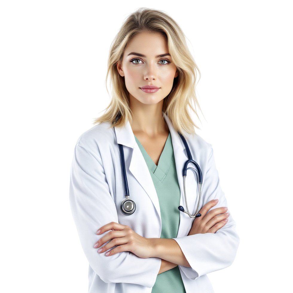 A beautiful blonde woman in a doctor's coat png