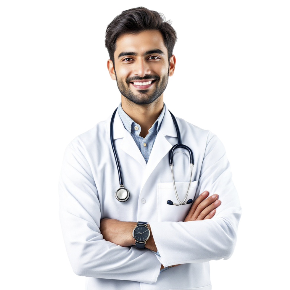 A male doctor is smiling and standing with his arms crossed png