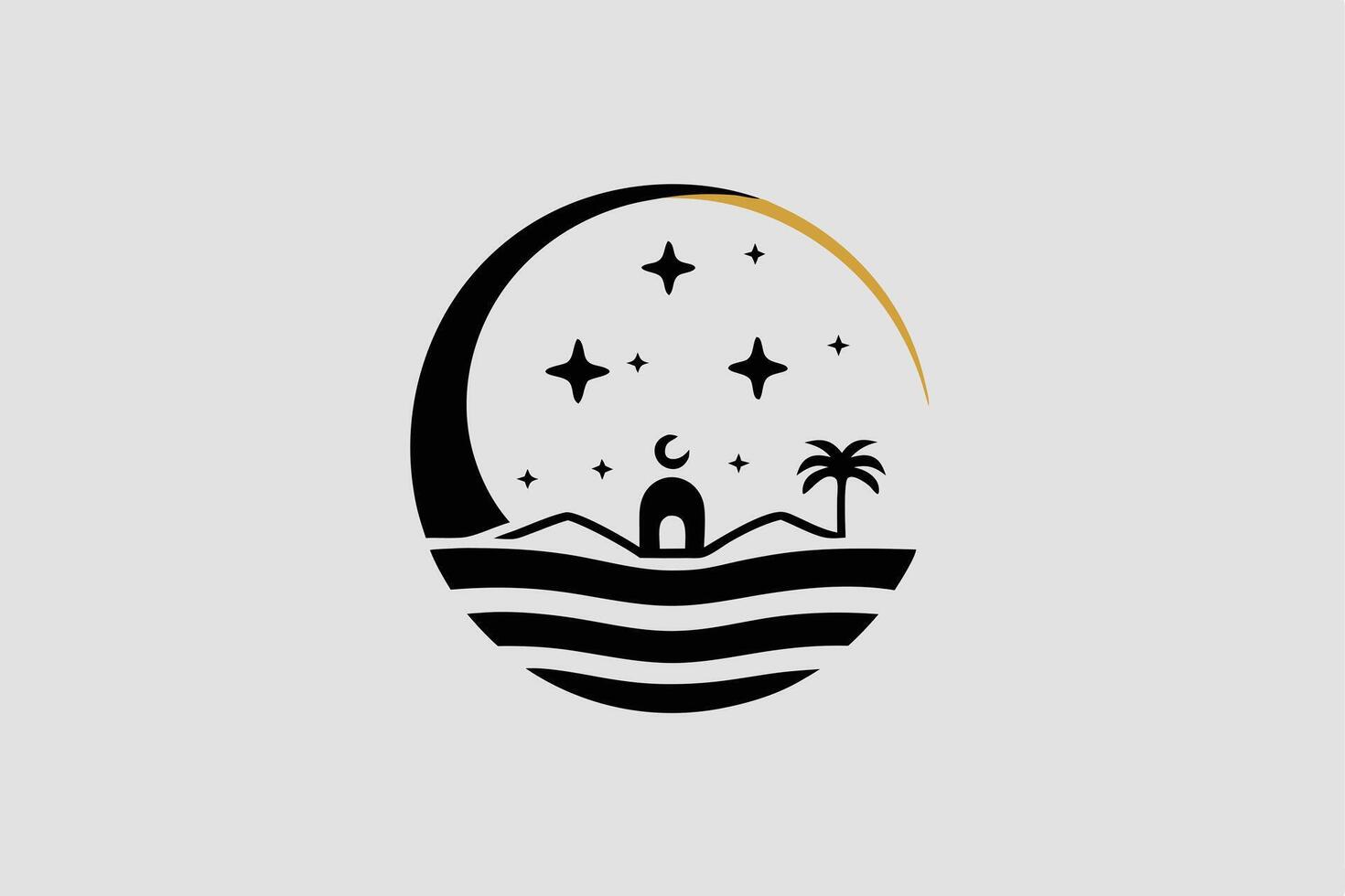 A serene desert landscape with a golden crescent moon and starry sky, reflecting in the tranquil waters under the peaceful moonlight vector