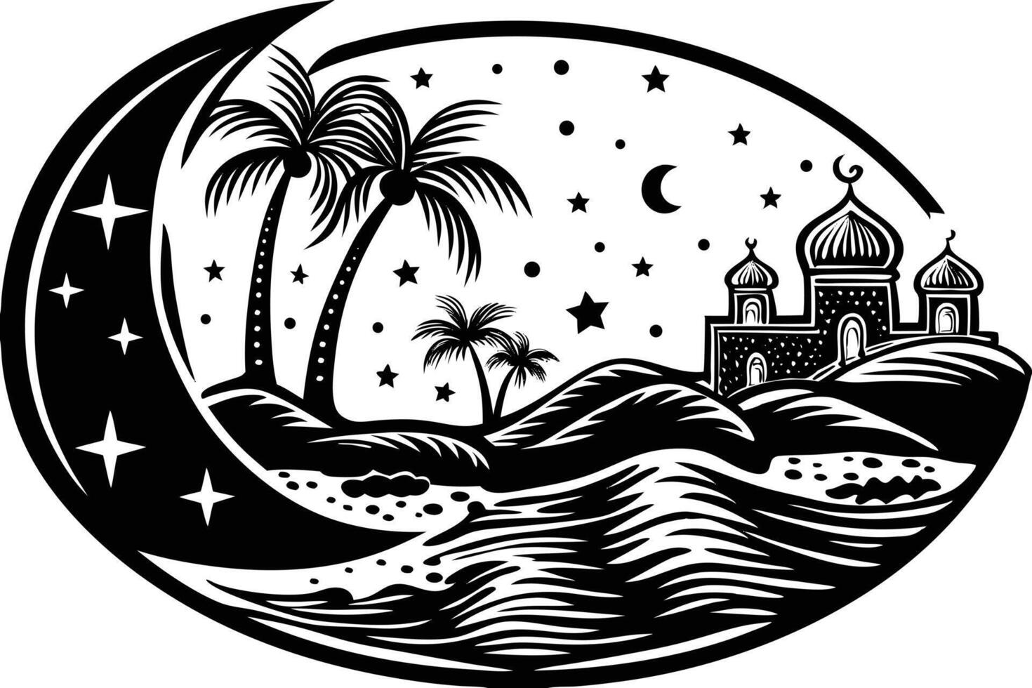 Serene desert landscape at night with a crescent moon rising above, casting a peaceful glow on the still waters and starry sky vector