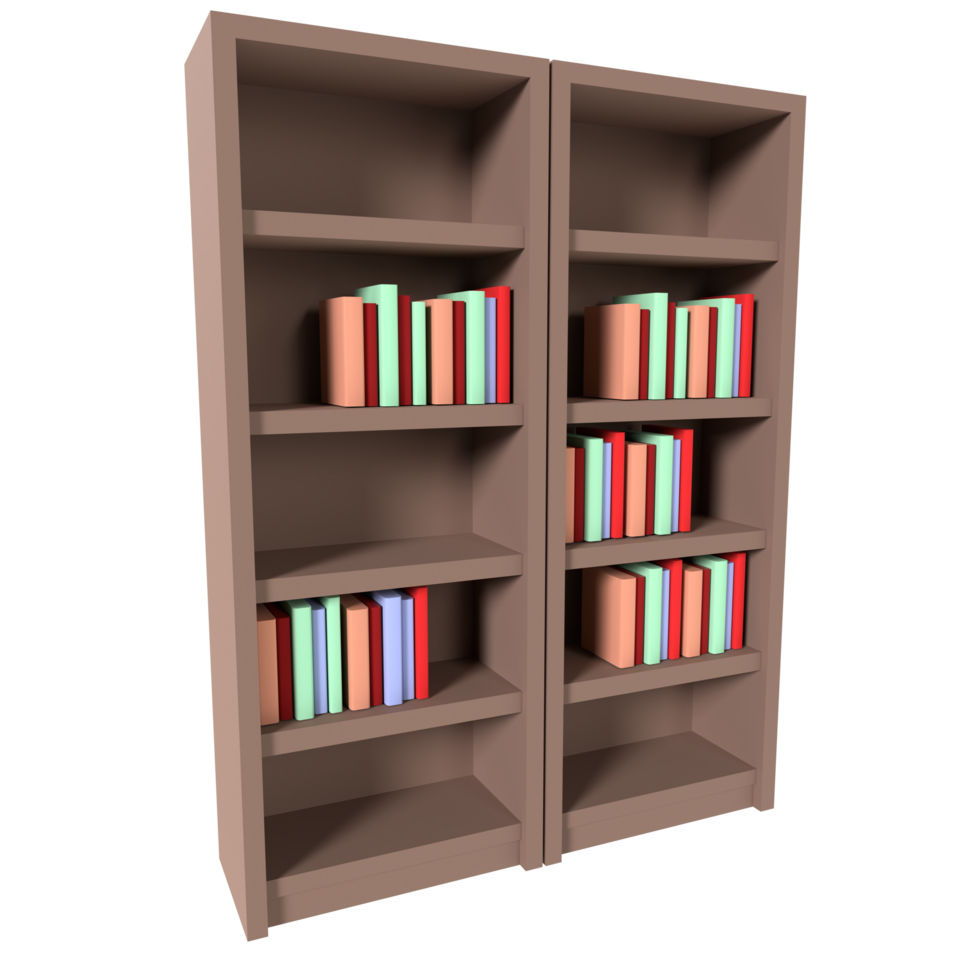 Brown wooden bookshelves with colorful books isolated on transparent png