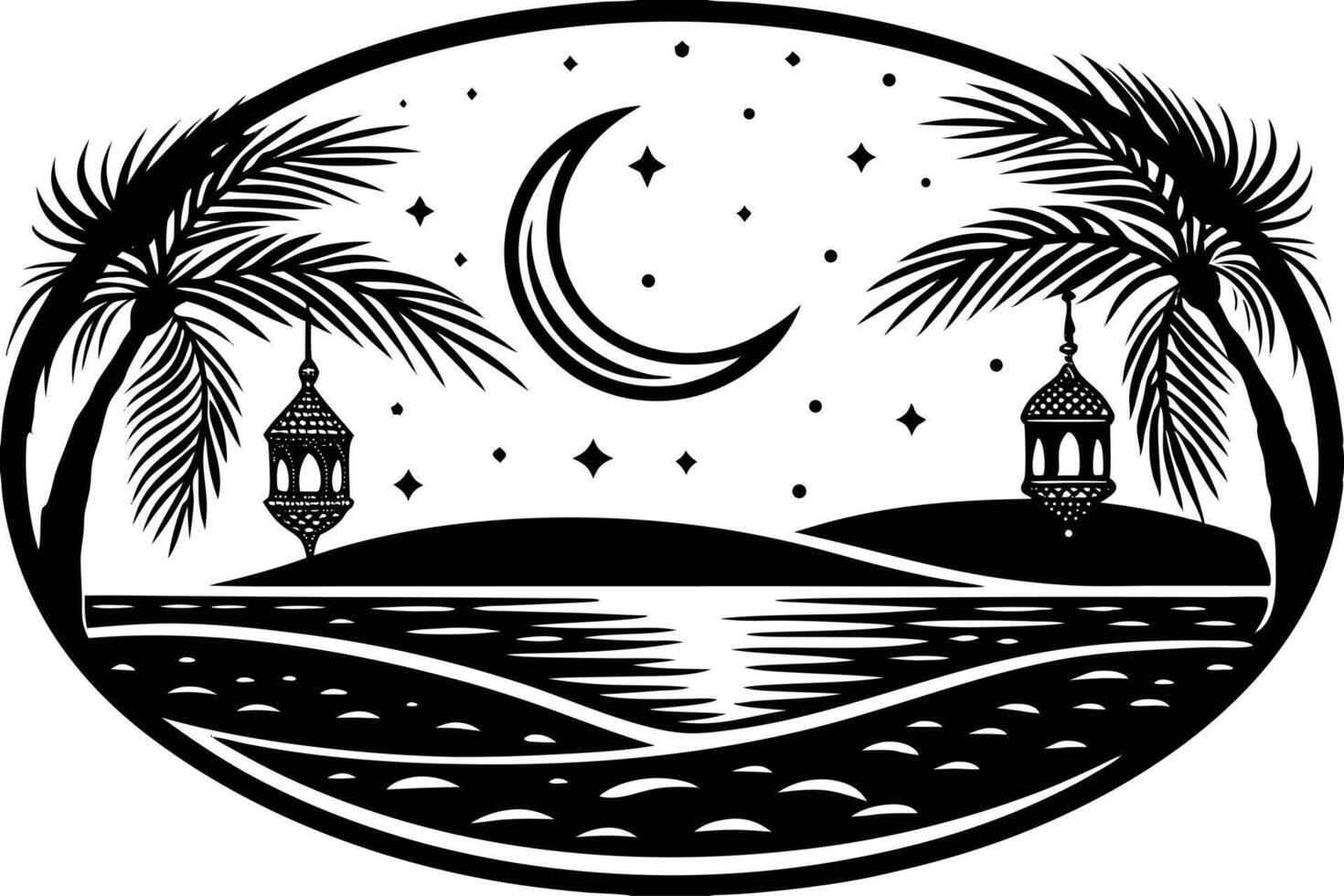 A stunning night view of crescent moon over a peaceful desert landscape, reflecting in the tranquil waters under a starry sky vector