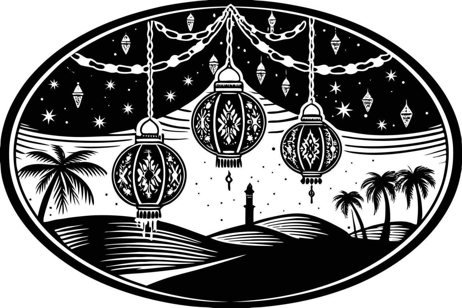 A peaceful illustration of Eid with lanterns hanging in the night sky over the desert and mountains, illuminated by the crescent moon vector