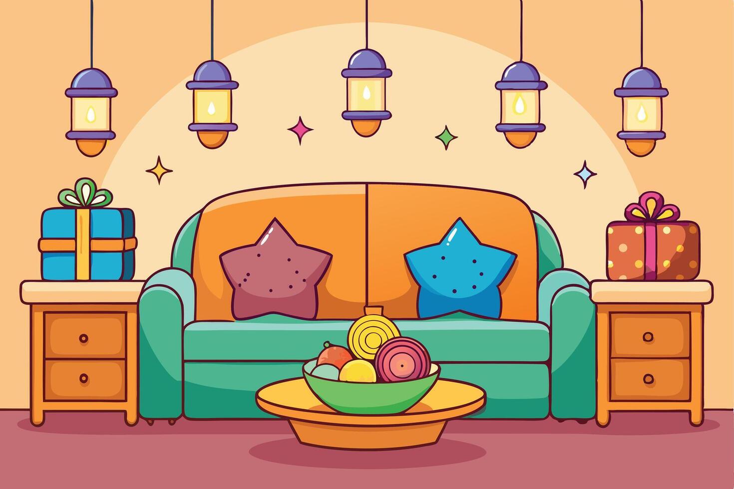 A festive living room with colorful gifts, pillows, and lights, perfect for celebrating Eid in a cozy and welcoming home environment vector