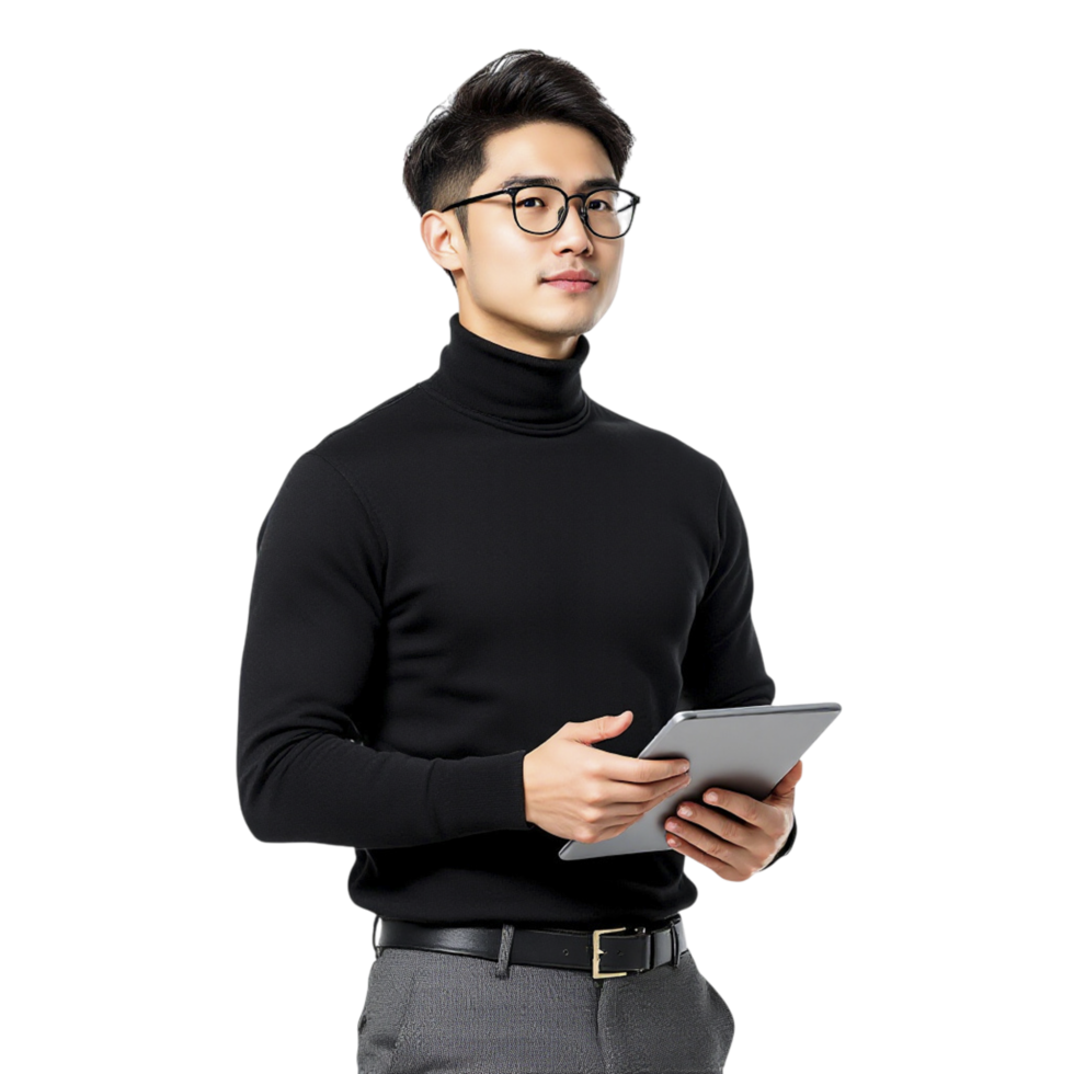 Asian man in black turtleneck holding tablet computer png