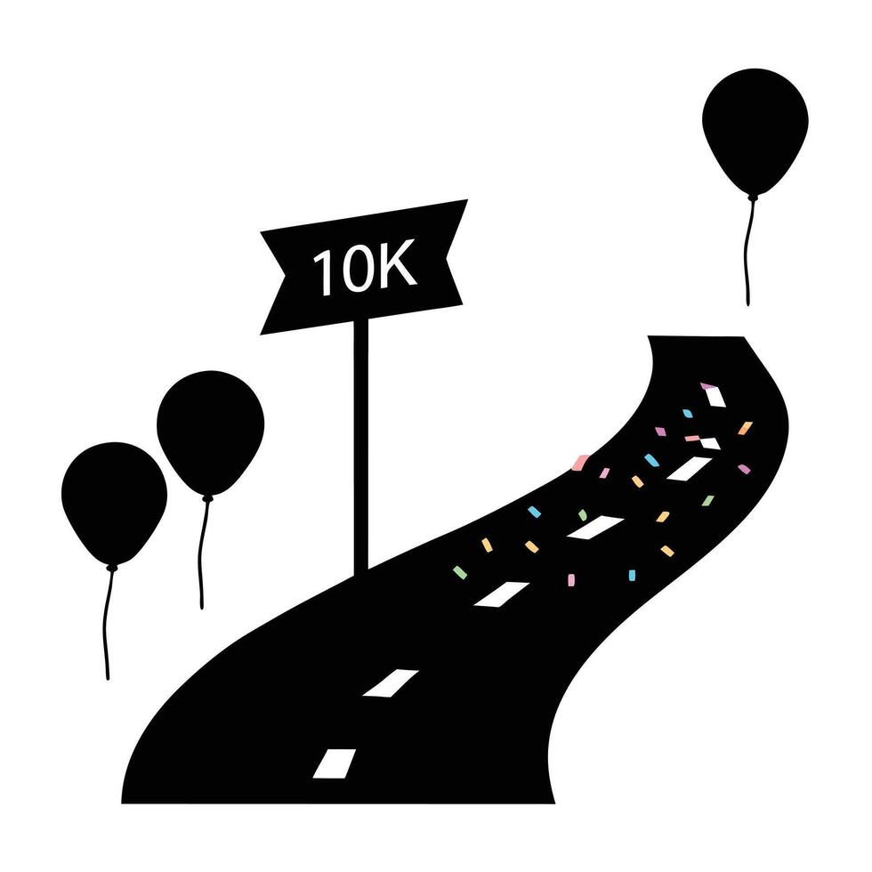 Symbolic road leading to a 10k milestone with festive decorations, balloons, and confetti marking success views followers subscribers vector
