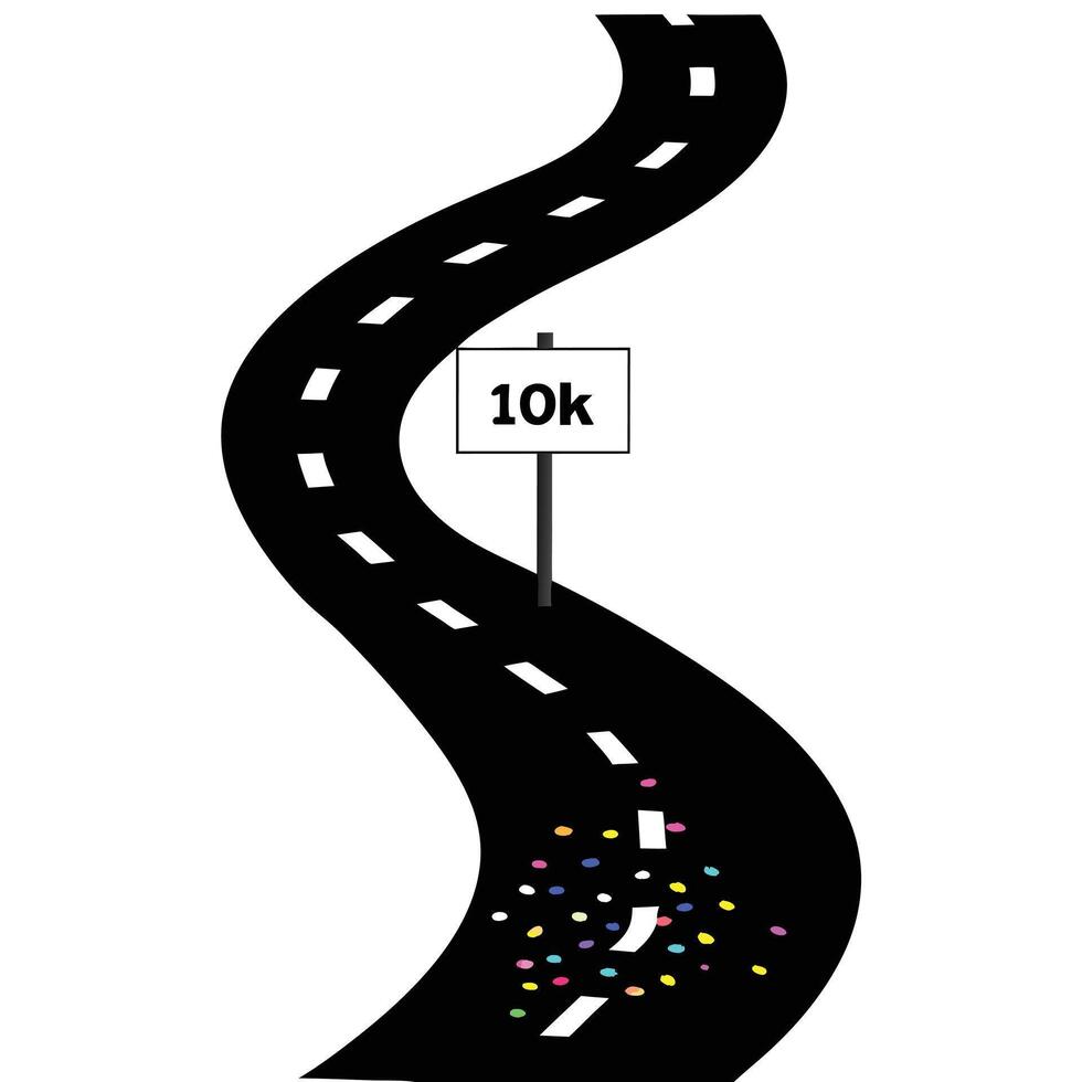 Creative journey representation with a winding road, 10k milestone sign, and colorful confetti celebrating progress views followers subscribers vector